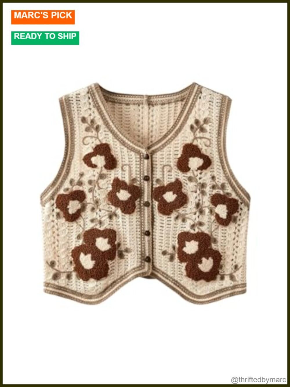 Sleeveless Crochet Sweater Vest Button Front V-Neck Knit